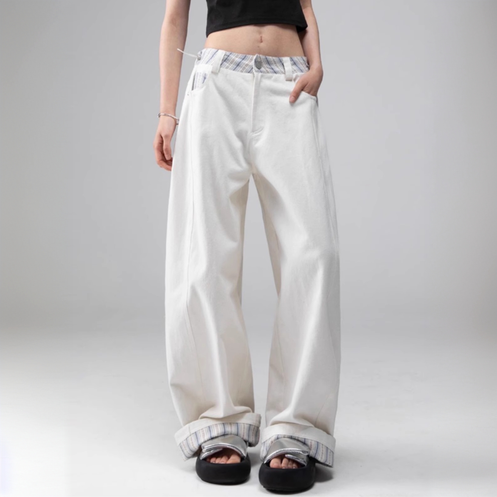 美式白色牛仔裤女2025夏季新款复古格子拼接宽松休闲阔腿裤子ins