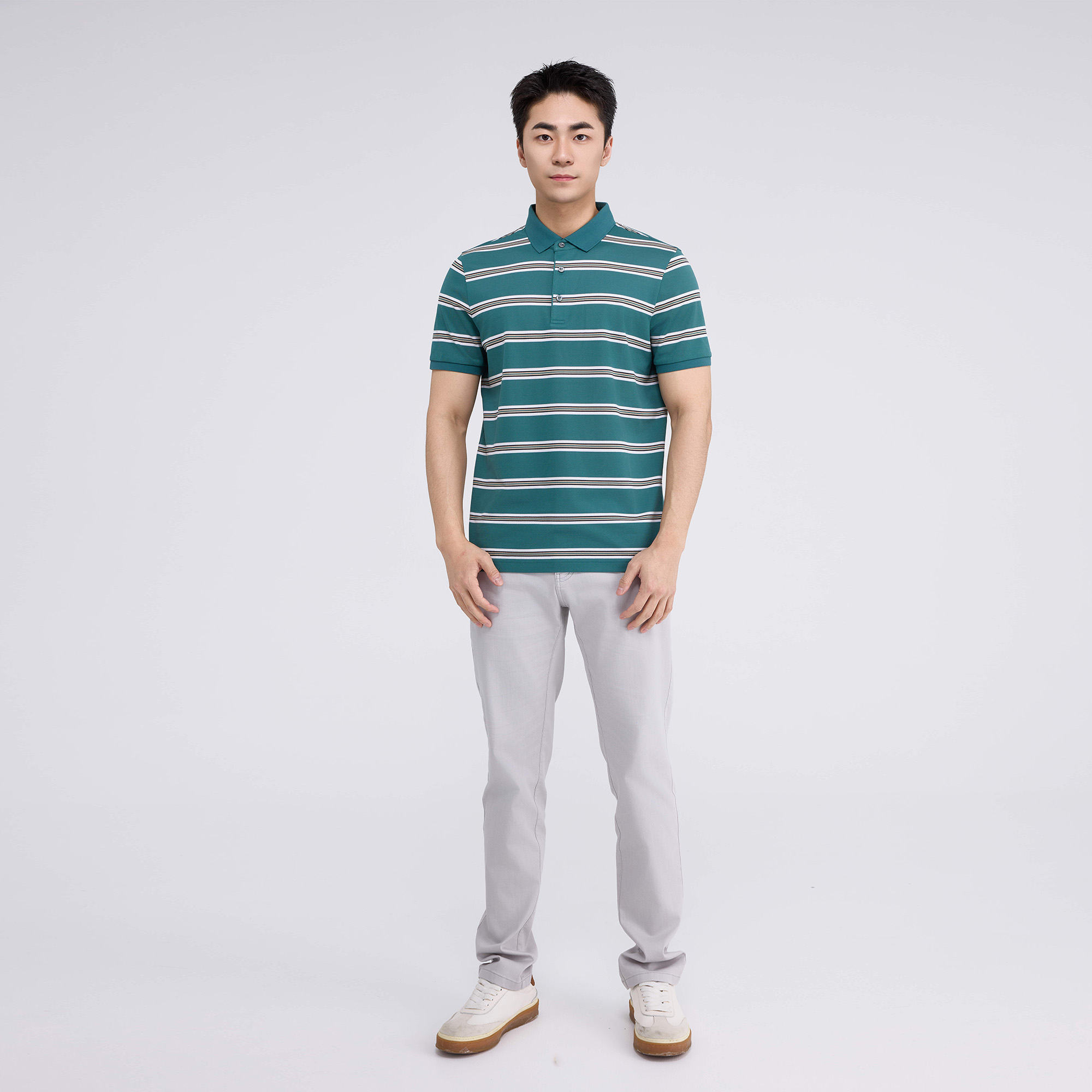 路易诗兰夏季短袖商务休闲轻薄透气条纹上衣Polo衫LSPLX1106GRN