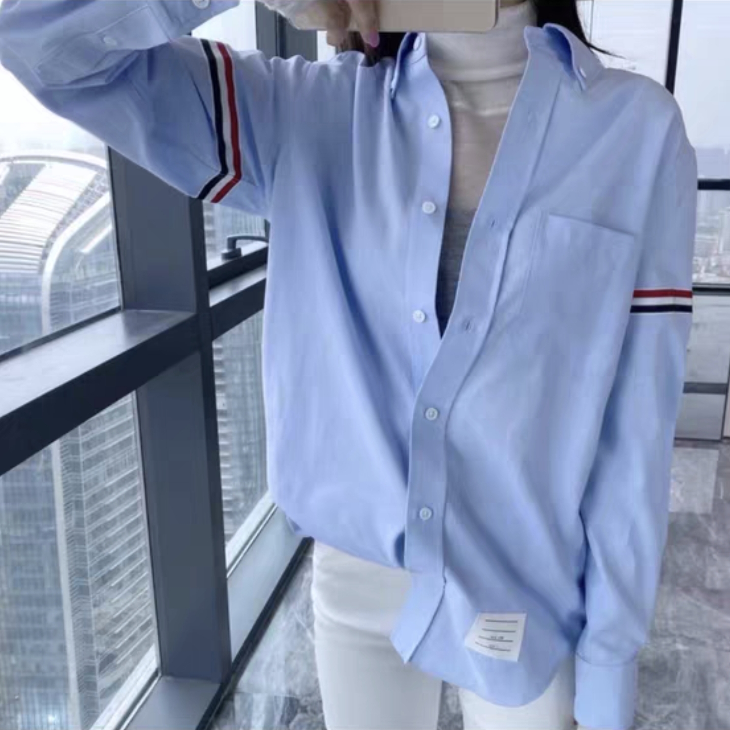 99新 THOMBROWNE 经典牛津布棉质长袖条纹衬衫 蓝色  5码
