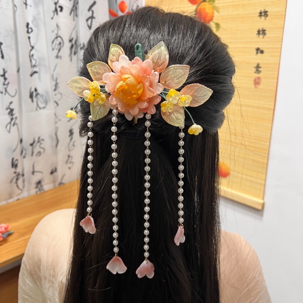 919橙色琉璃发钗发饰汉服古风旗袍盘发头饰簪发花朵