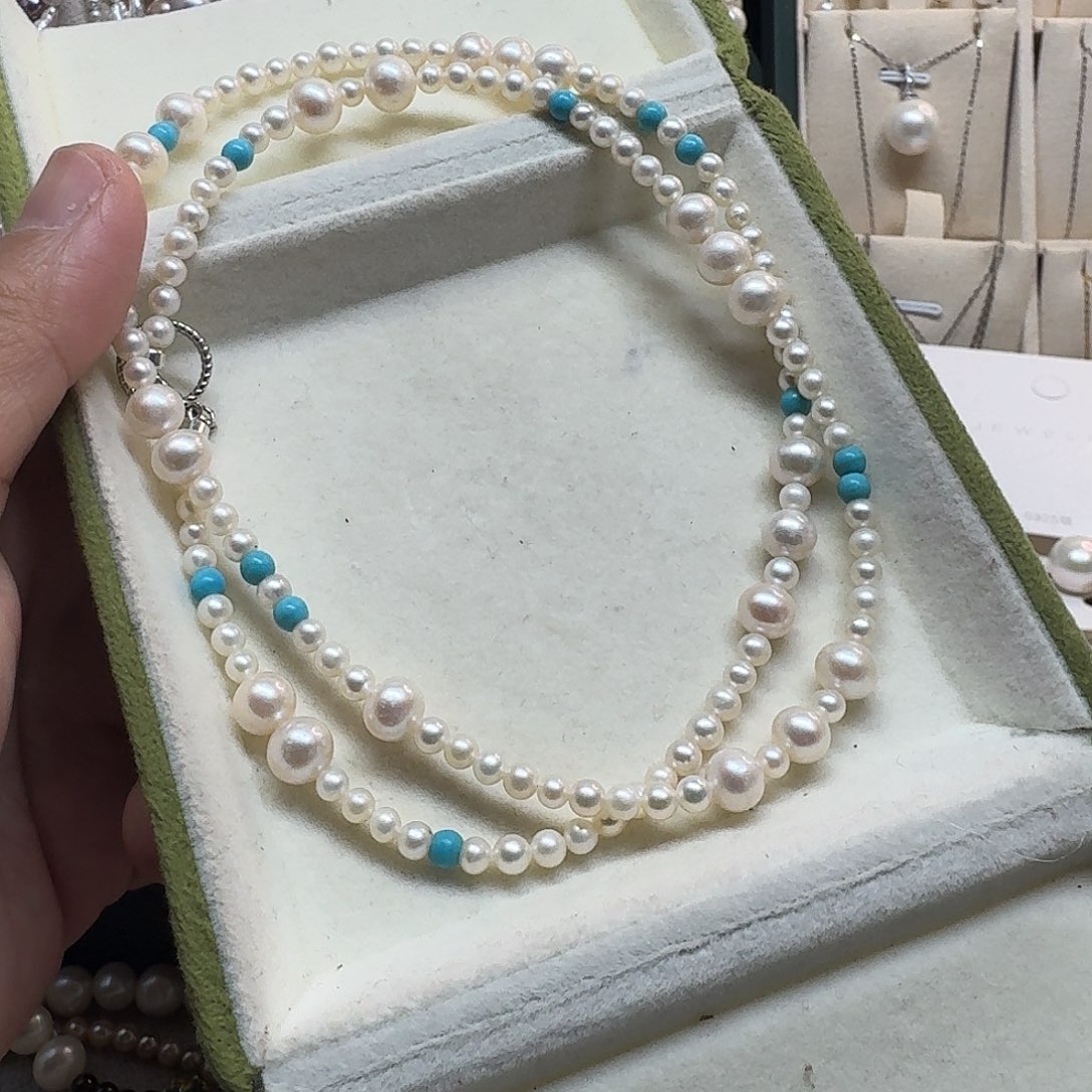 M***m颈饰银S925镶嵌淡水珍珠60mm蓝色项链设计款