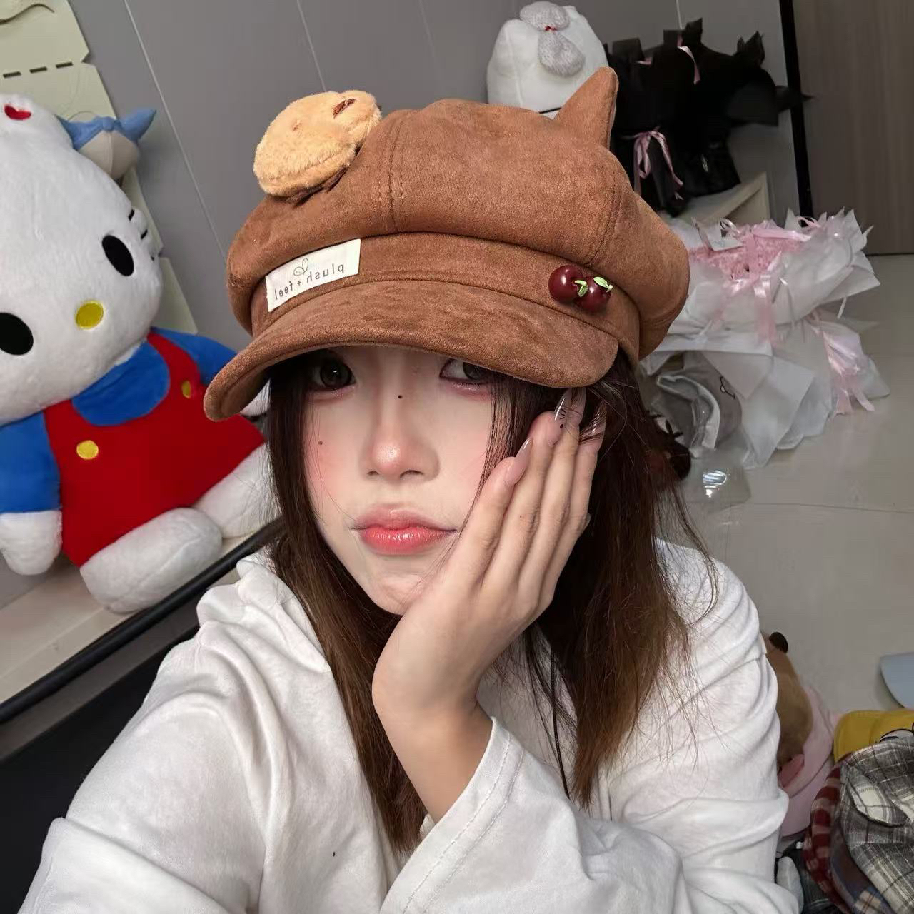 可爱卡通猫耳朵八角帽子女2025秋冬新款百搭贝雷帽小众设计画家帽