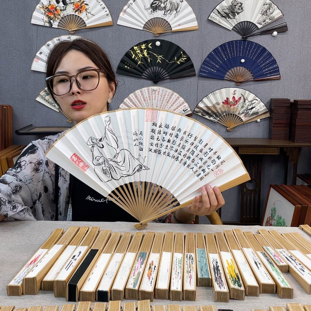 书法95寸玉竹-纯手绘-文玩扇骨（默认粘好）月下独酌