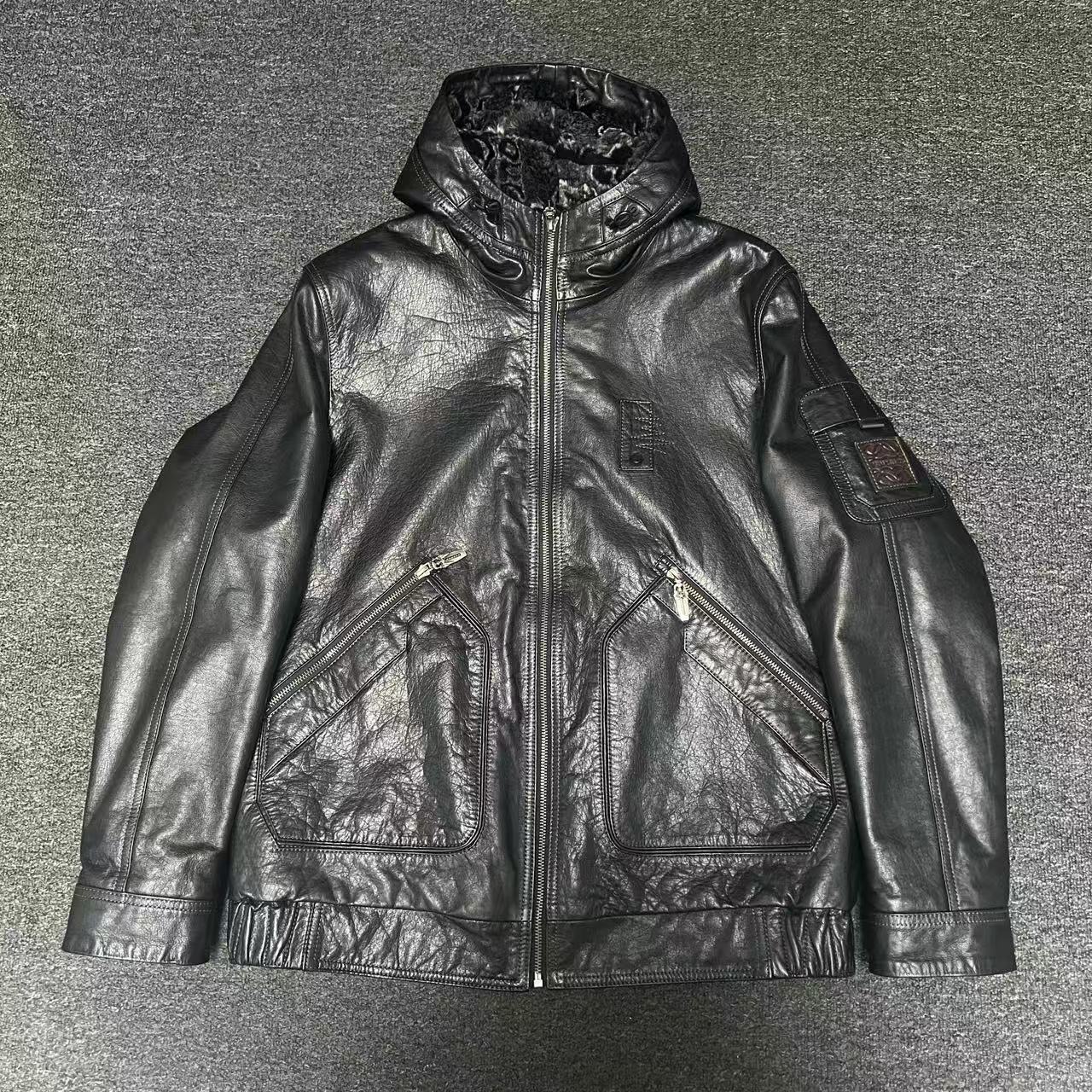 【LQS FUR】 23173 2025冬季保暖兔毛内胆头层牛皮真皮连帽皮衣