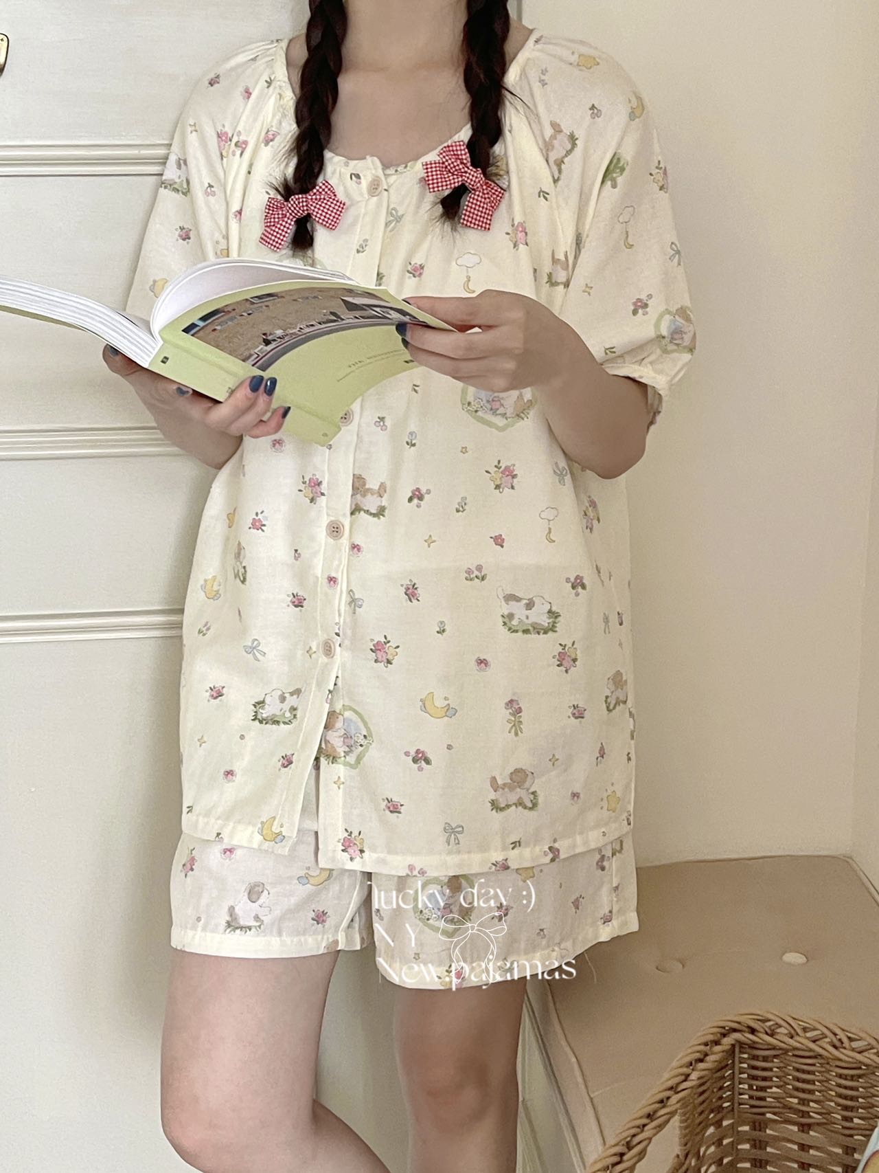 甜美风纯棉有氧纱胸垫圆领开扣短袖短裤 双层纱家居小件 001647