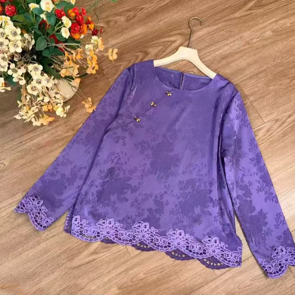 新中式国风上衣2026年春早新品圆领宋锦提花长袖复古衬衣打底衫