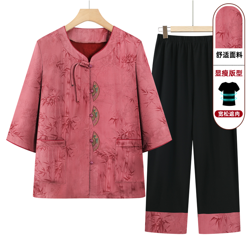 奶奶夏装中袖衬衫中老年人女装夏季妈妈装唐装老人衣服喜庆套装