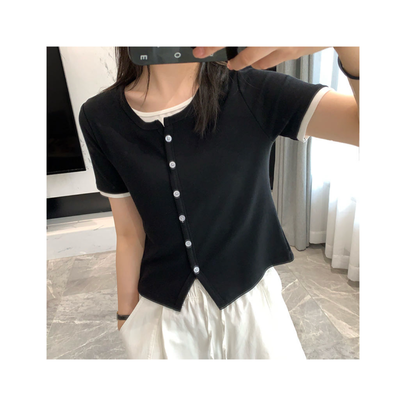 PLUR·PAN莱赛尔+棉 显瘦T恤V领拼接小众圆领短袖