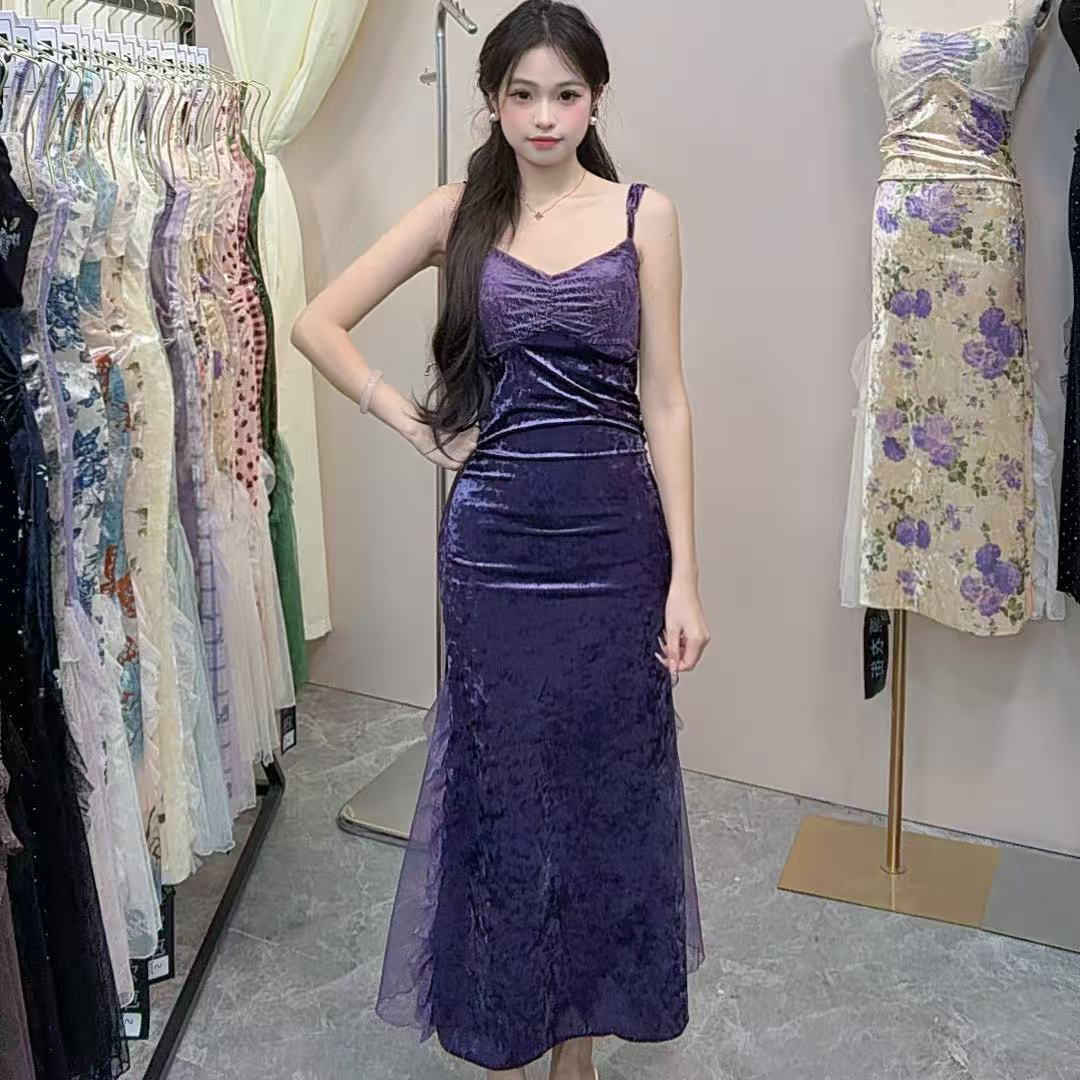 名媛吊带连衣裙丝绒新款修身裙子编号501-600