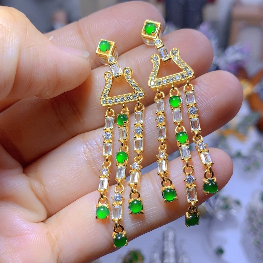 翡翠耳钉银S925镶嵌天然翡翠