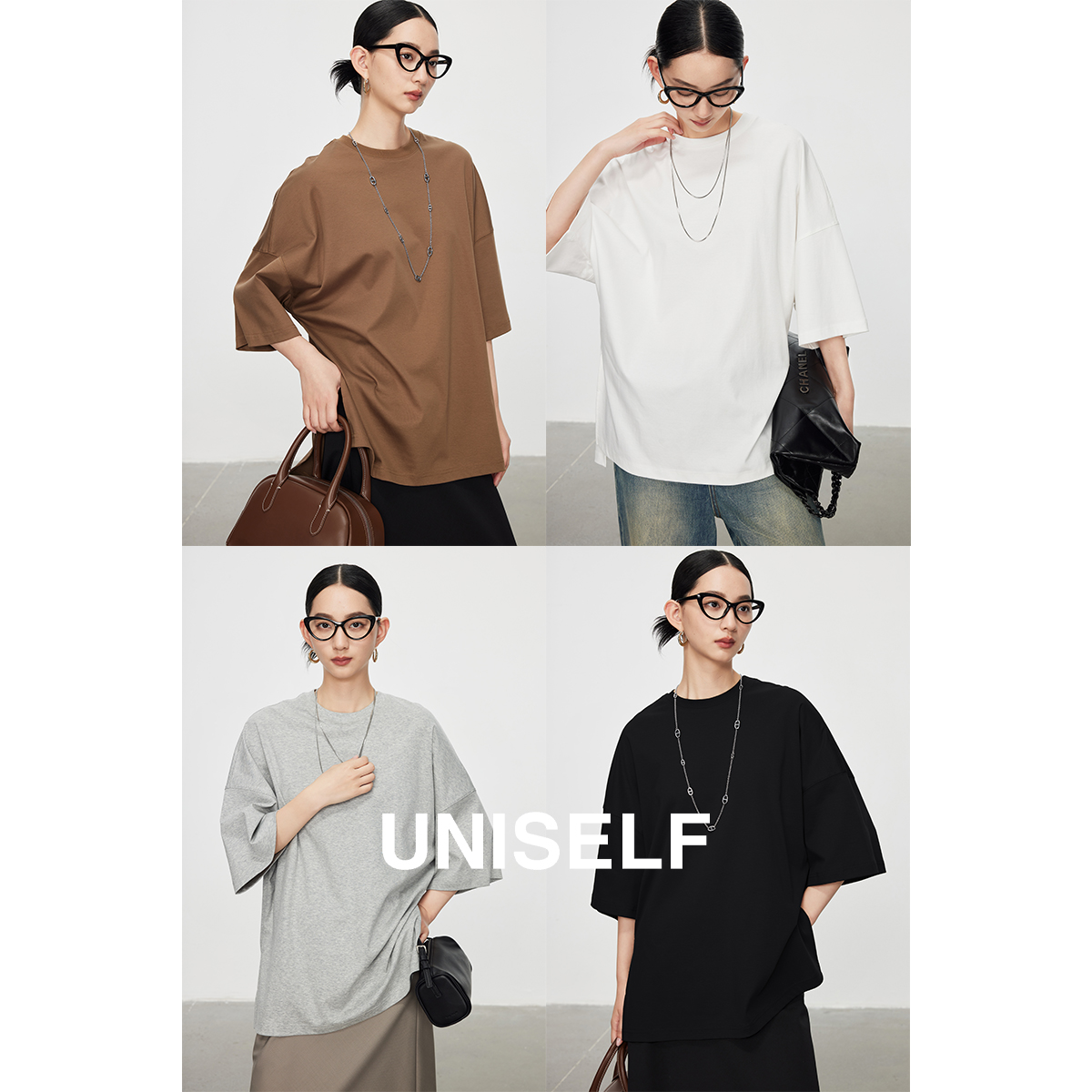 UNISELF高支长绒棉裸感五分袖T恤女2025夏季舒适宽松上衣100830