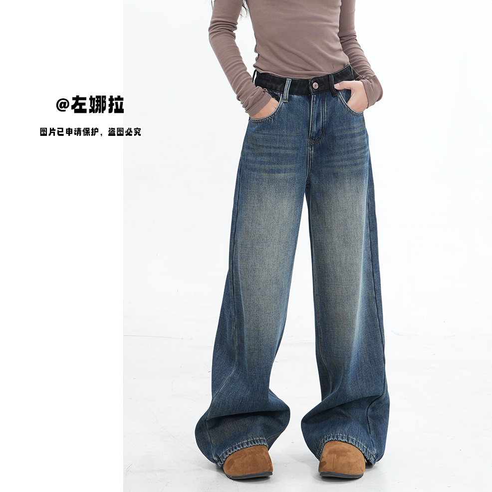 【XC0006H】冬季新款加绒加厚宽松中高腰显瘦牛仔裤-宽松直筒裤