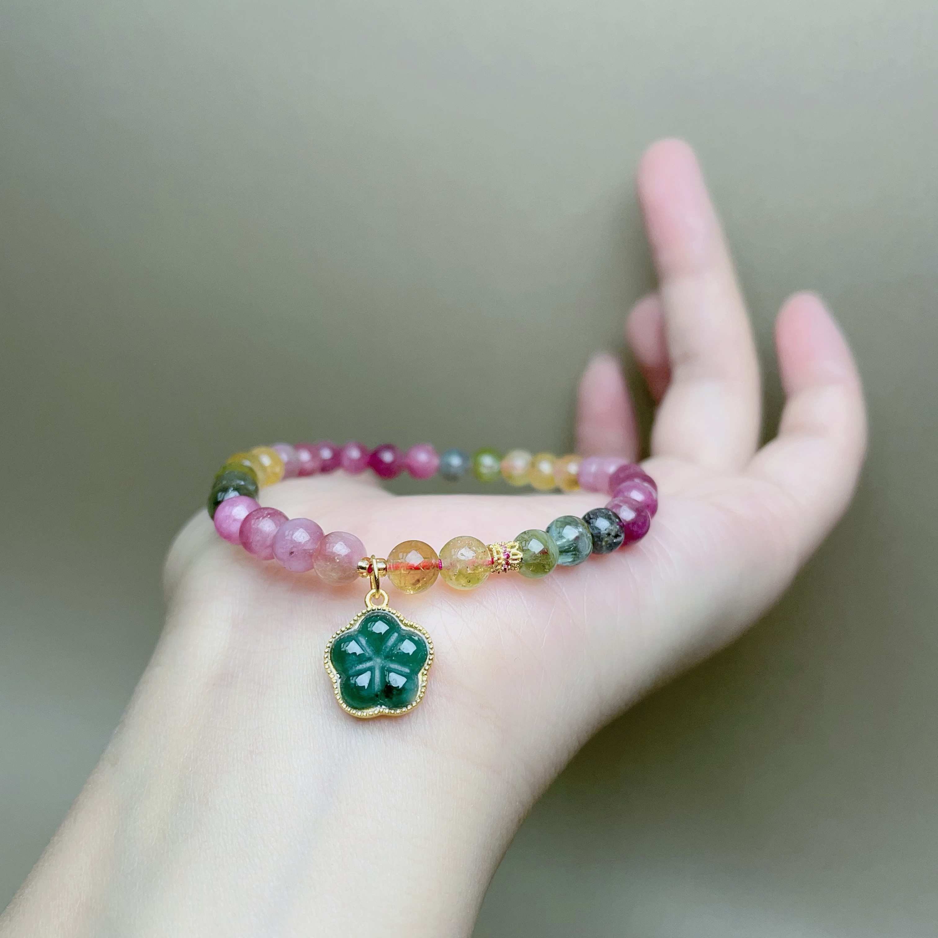 0441彩虹碧玺单圈925银镶嵌翡翠花环手链