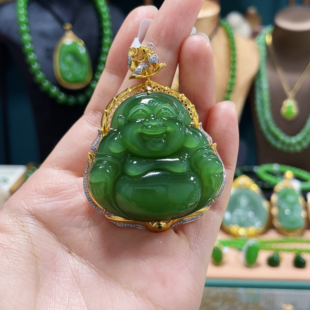 和田玉（碧玉）18K金镶嵌吊坠(不含链)