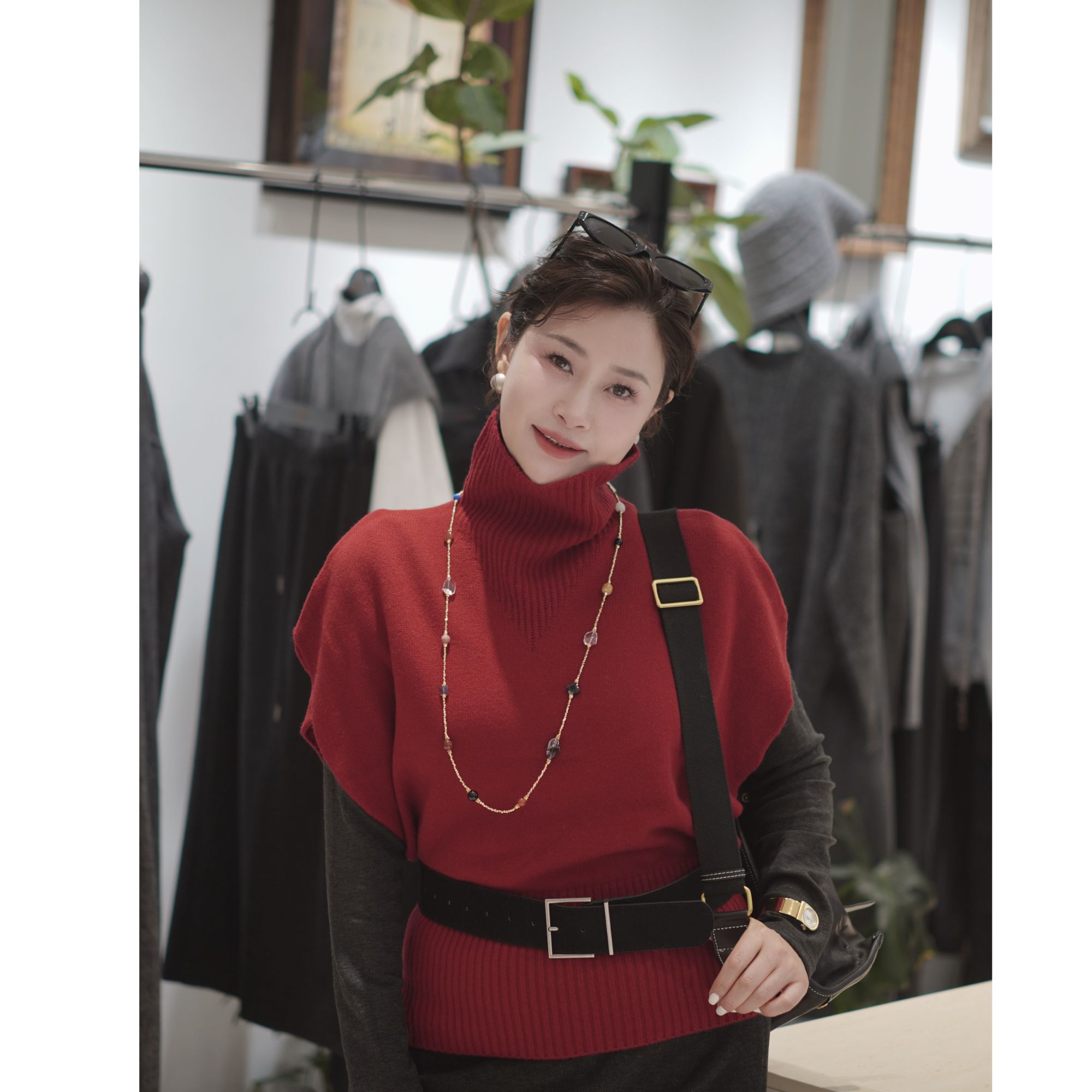 韩系高质感半高领100%绵羊毛无袖马甲针织衫女冬