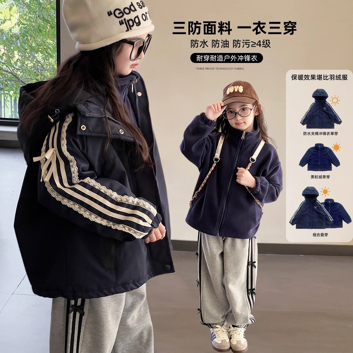 女童棉服2025冬季新款儿童加厚三合一可拆卸夹棉冲锋衣防水外套
