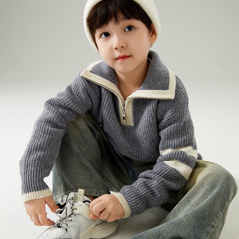 2025新款男女儿童元宝针Polo针织羊毛绒衫秋冬季半拉链保暖毛衣