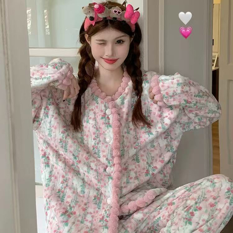 粉色花朵睡衣女冬季加绒加厚日系ins法兰绒保暖家居服套装