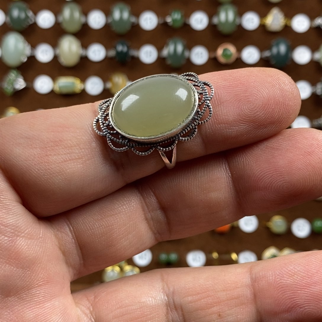 和田玉（青玉）戒指银S925镀金镶嵌