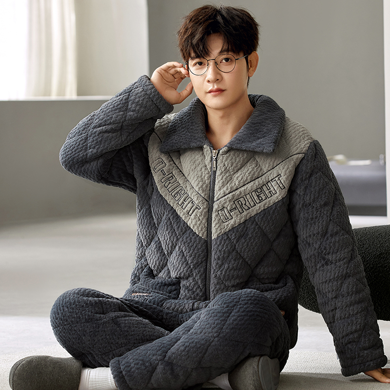 2025冬季新款三层夹棉睡衣男可外穿超厚立领冬天保暖家居服套装