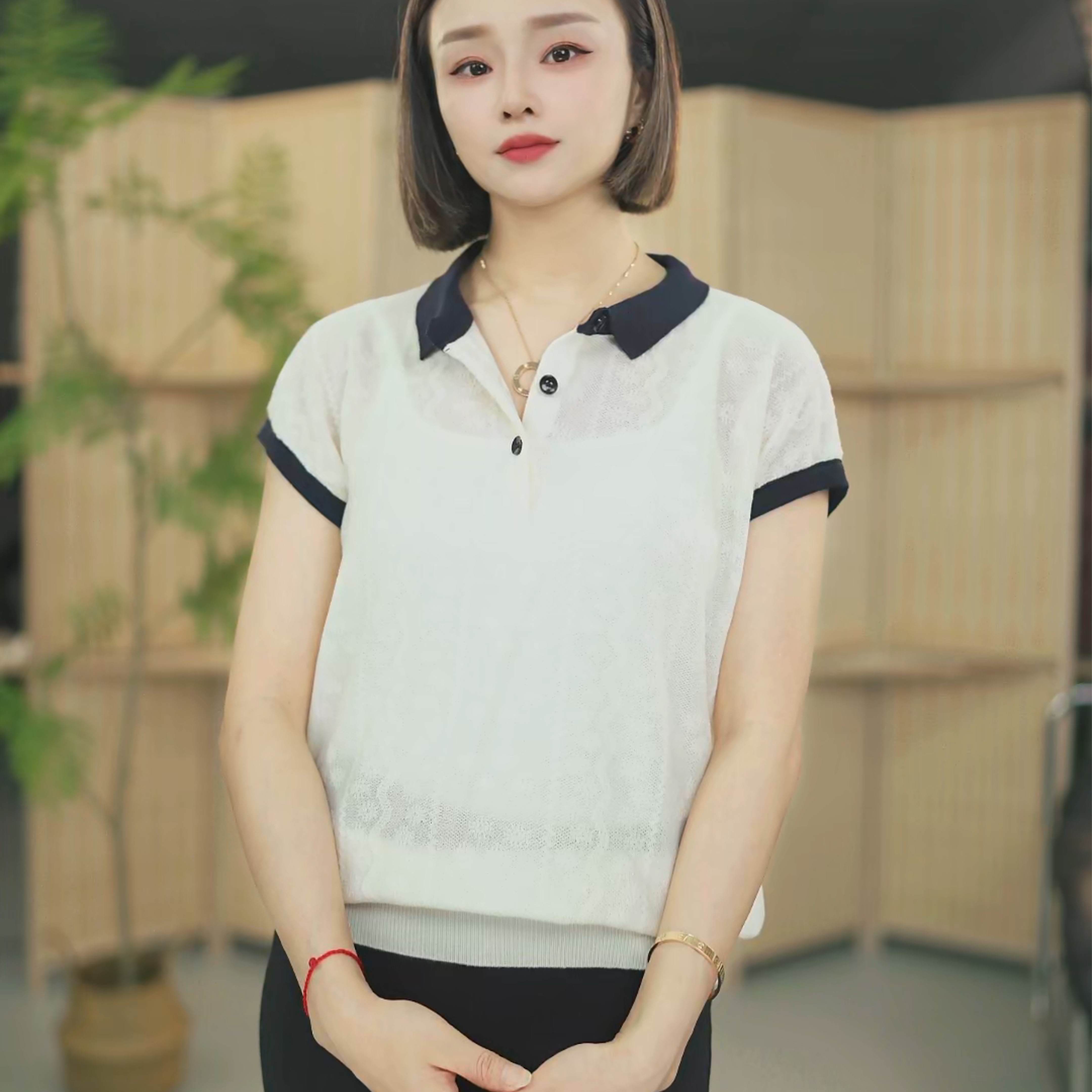 A84【家同】  凉感撞色拼接显瘦针织短袖夏季新款百搭薄款T恤女