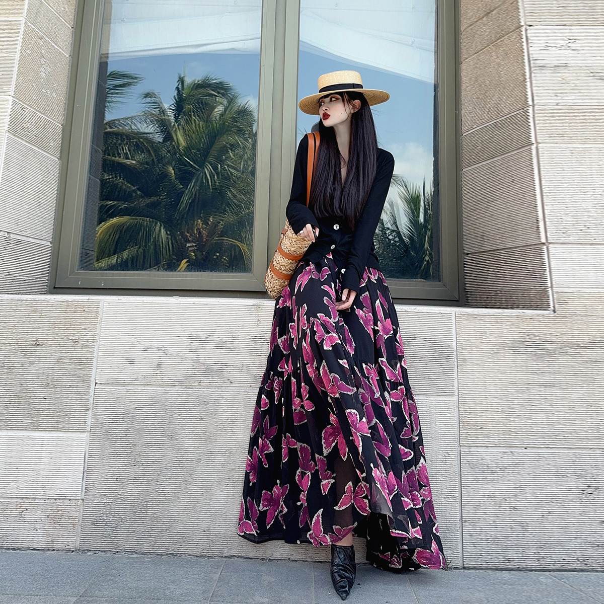 2025春夏新款大摆半身裙加长款及踝度假风长裙松紧腰百搭碎花裙