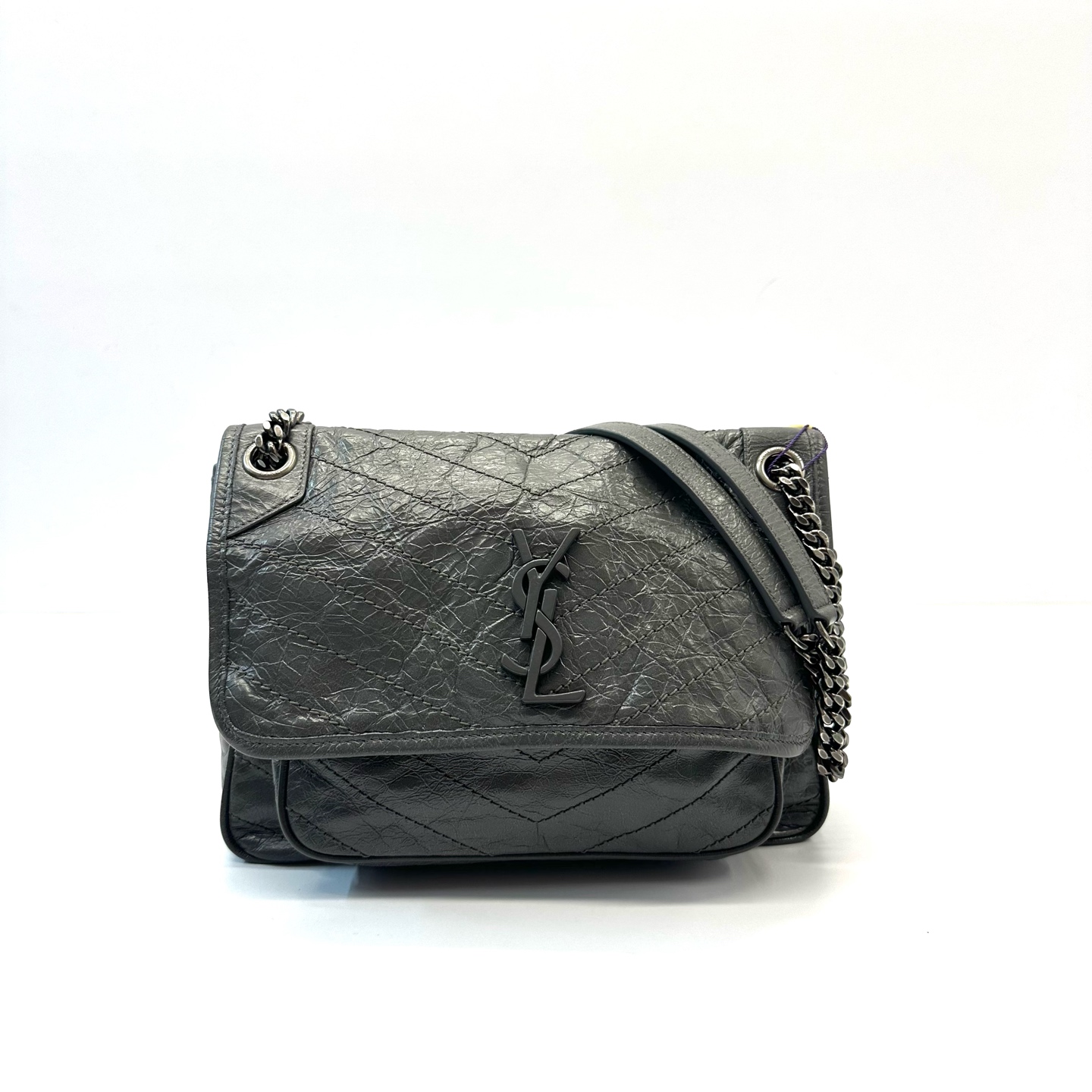 95新 YSL/圣罗兰 98新 niki 灰色中号链条包