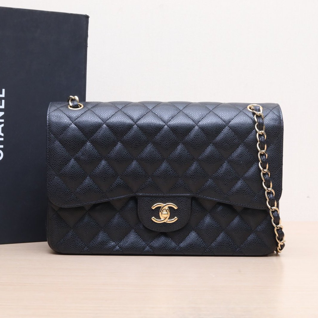 99新 Chanel/香奈儿 小花姑姑843573CF 口盖包 JUMBO 黑色18开