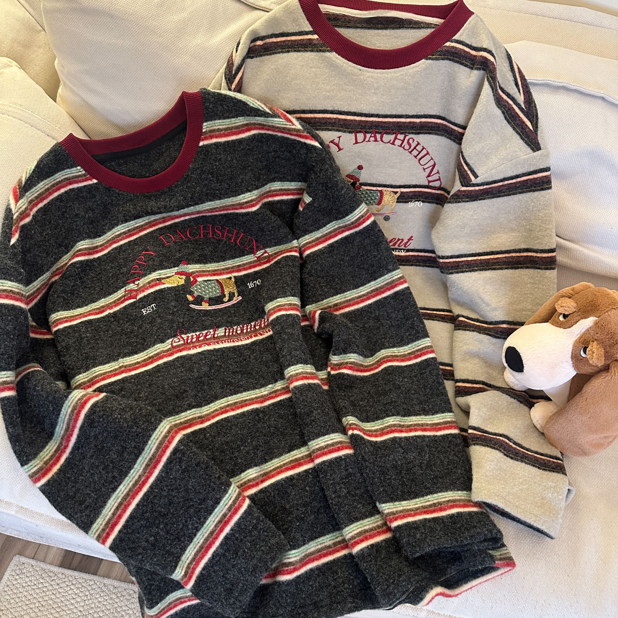 千万祖贤-「 减龄刺绣卡通」韩国宽松条纹打底衫冬季t恤女潮#29733