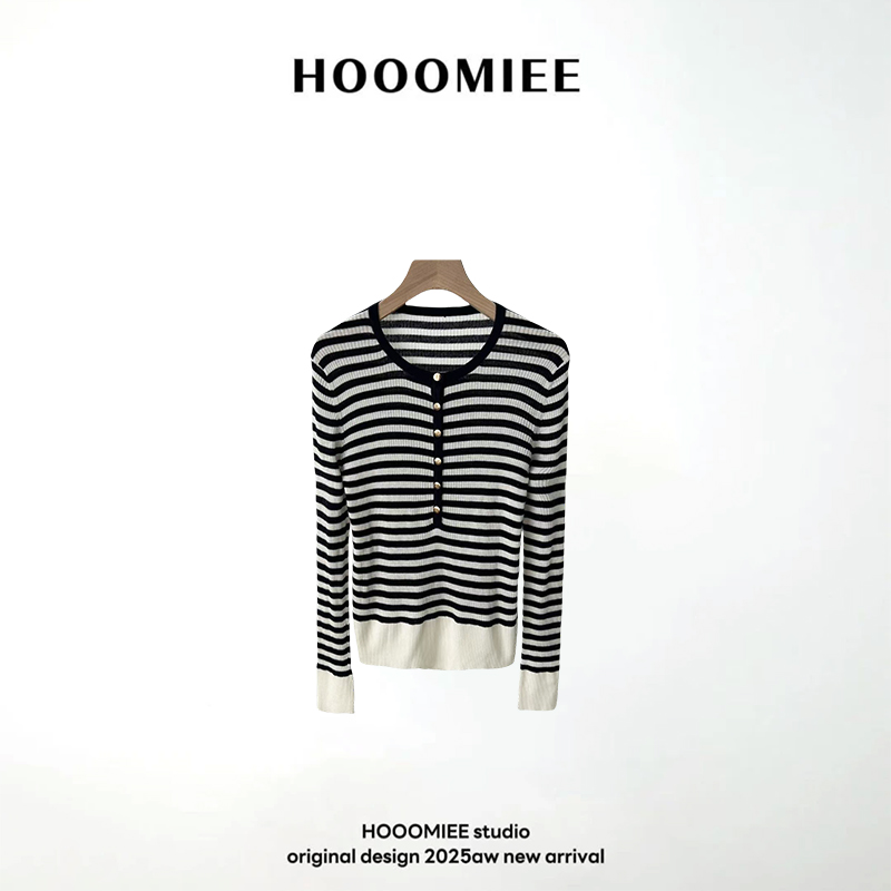 Hooomiee经典横向条纹圆领开口设计舒适女士长袖上衣YS25005