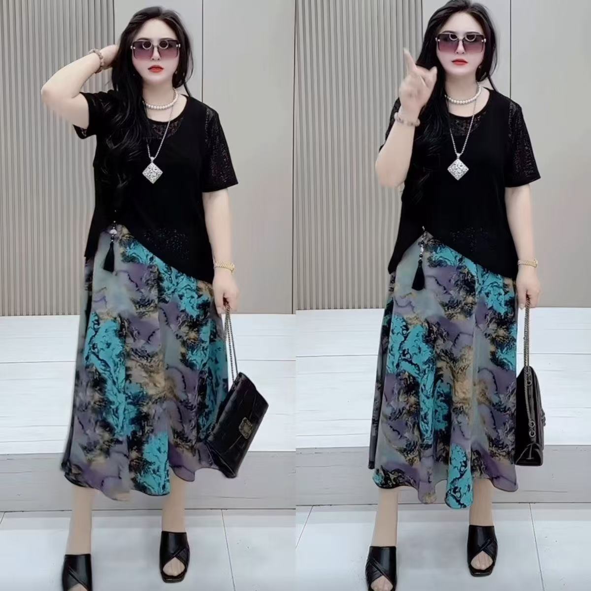 581大码女装两件套夏季短袖百搭连衣裙中式新款显瘦时尚气质裙子