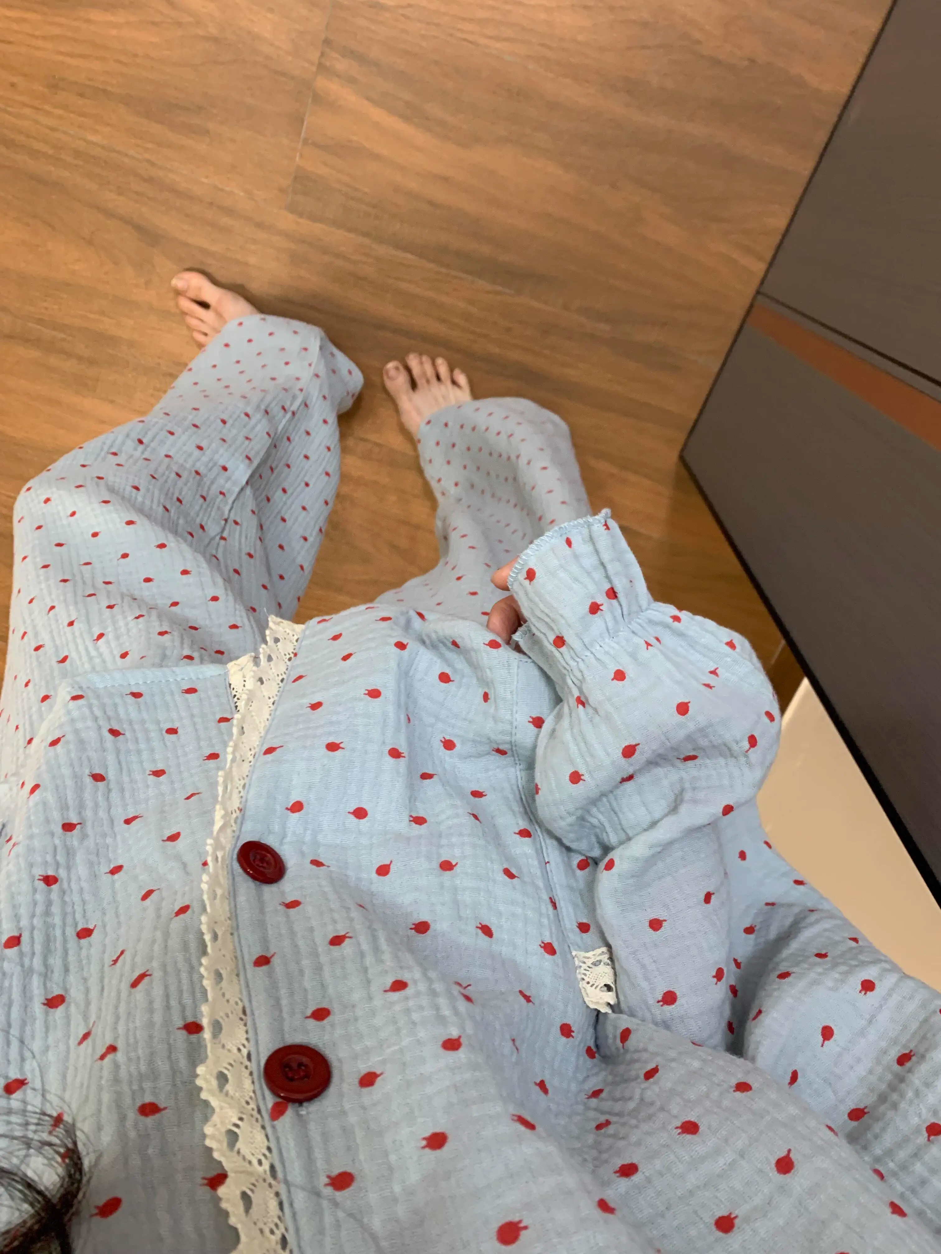 韩版复古设计感波点印花棉纱睡衣女春秋款2025新款纯棉家居服套装