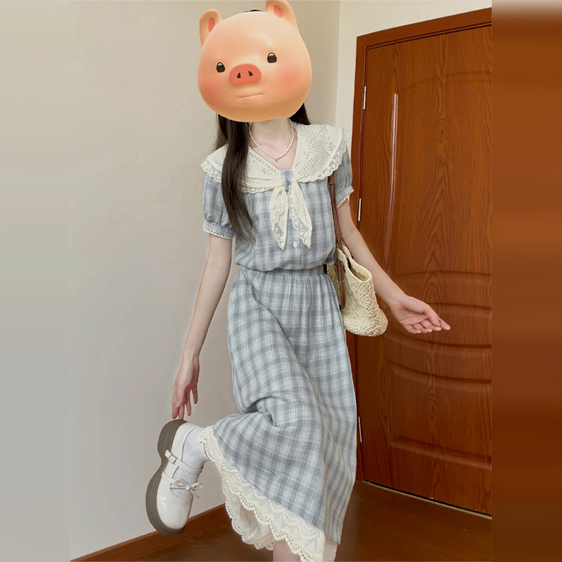 2025新款法式甜美蓝色格纹连衣裙女夏季小个子学院风穿搭套装长裙