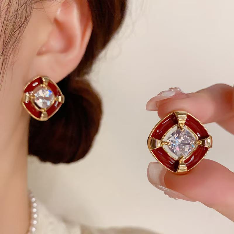 925银耳饰 法式复古小众设计感滴油方块耳环