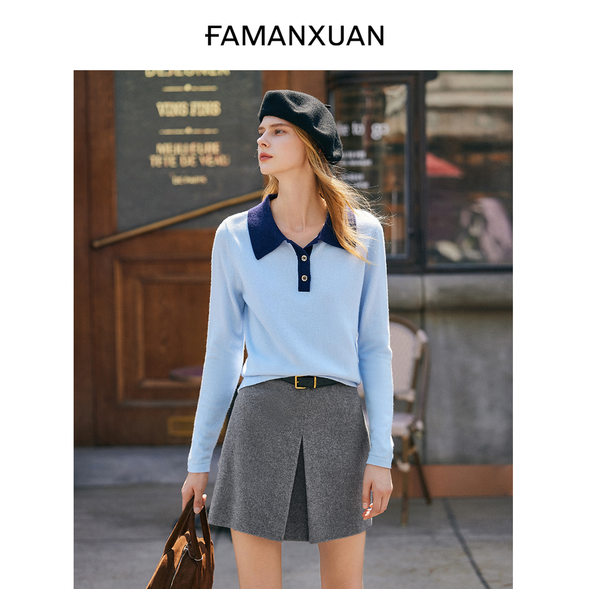 【陈大可专属】法曼萱polo领撞色针织衫女小个子2025春打底衫