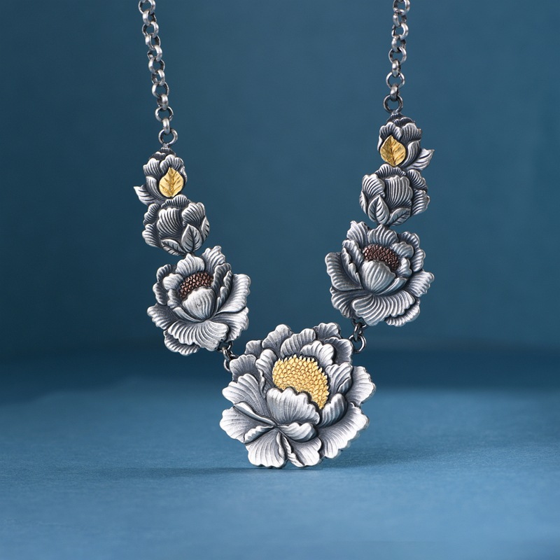 吊坠足银 复古盛世繁花牡丹古朴典雅民族手工错金套链项链吊坠