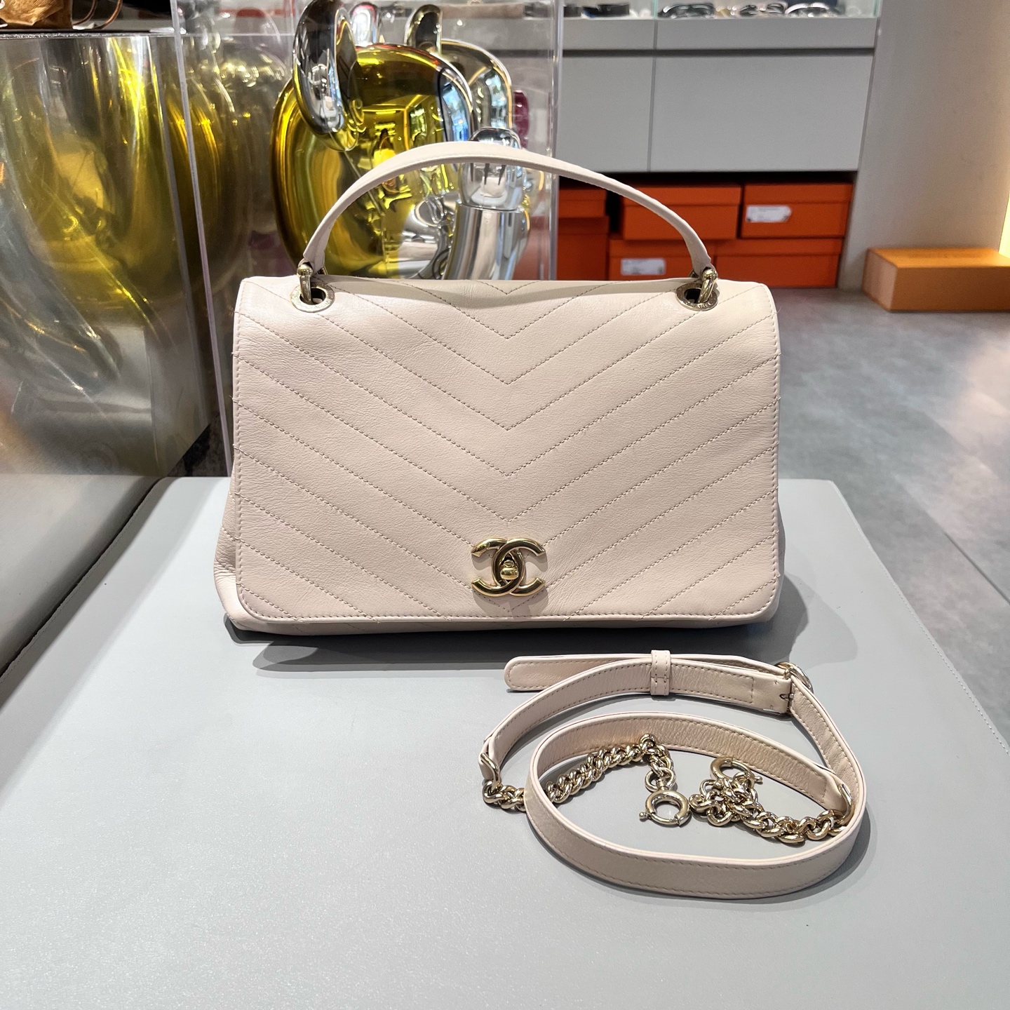 99新 Chanel/香奈儿 白色 v纹手提斜挎包 经典白金配色手提斜挎