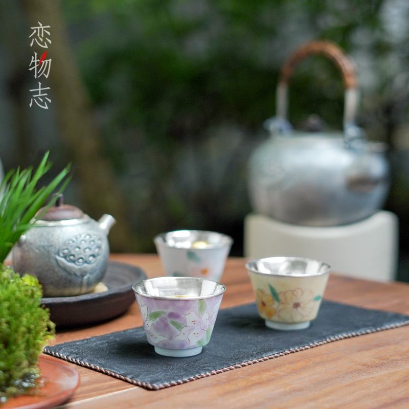 足银999纯手工手绘花朵包银杯小清新品茗杯家用茶杯茶具 映微