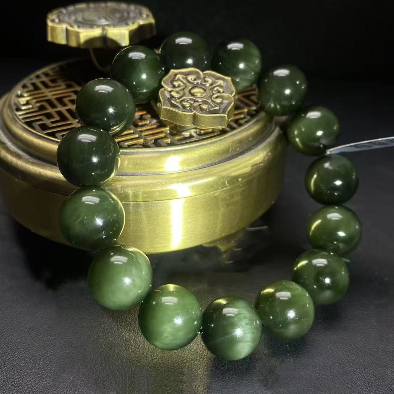 【迈越珠宝】天然和田玉碧玉黑猫手串沉稳大气14mm左右黑猫手串