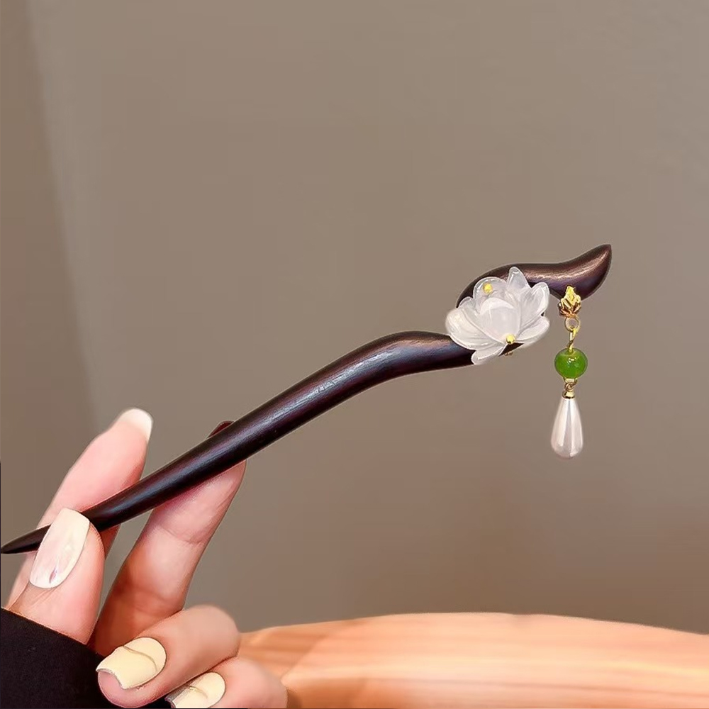 古风莲花檀木发簪女中式步摇流苏盘发簪子日常简约高级感发钗配饰