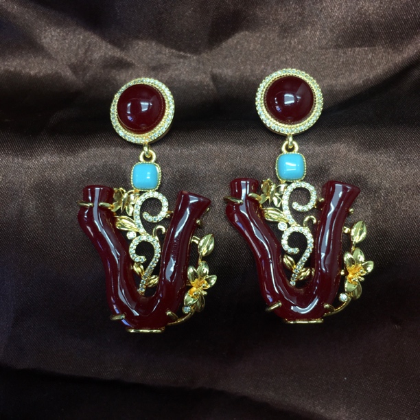 铜合金树脂耳饰 藏族民族风仿阿卡吉祥红精工镶嵌复古气质百搭