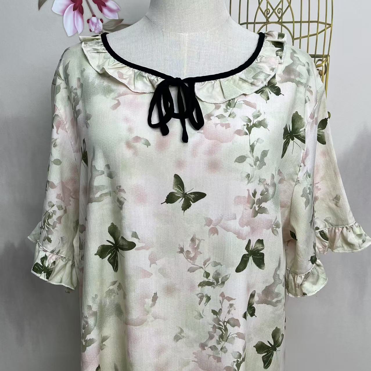 【绒兰】莱赛尔天丝棉绸人造棉花边家居睡裙 231号 蝶恋花