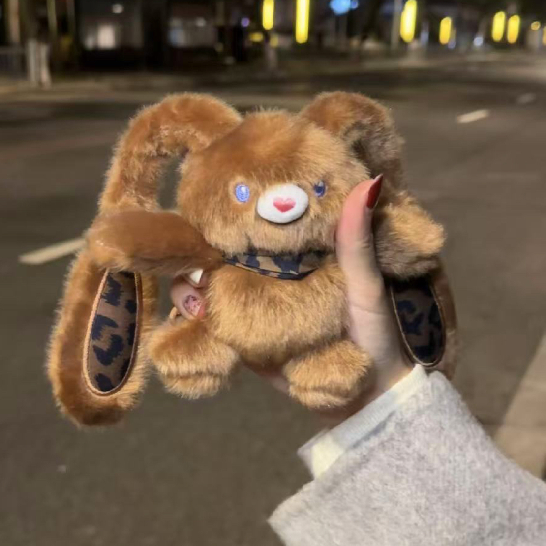 【新趣】豹纹款抽拉兔子可爱钥匙扣条纹抽拉卡通兔子挂件玩偶