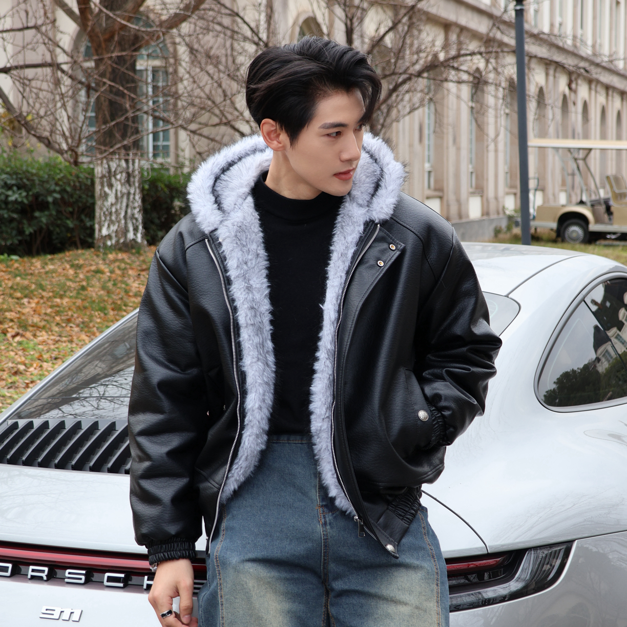 【99percent】美式PU皮座山雕棉服外套男连帽cleanfit短款毛领棉衣