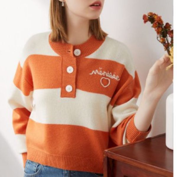 【100绵羊毛】2025秋冬宽条纹字母爱心刺绣圆领针织开衫女 3165