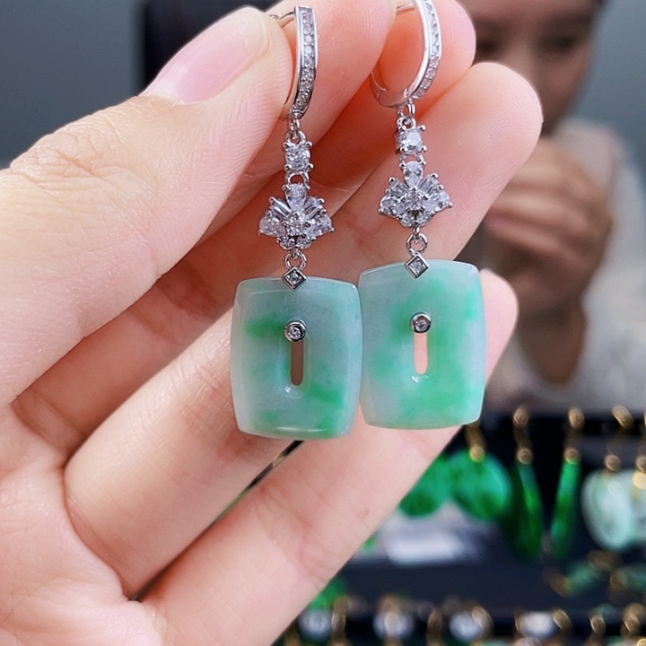 翡翠耳饰银S925镶嵌饰品