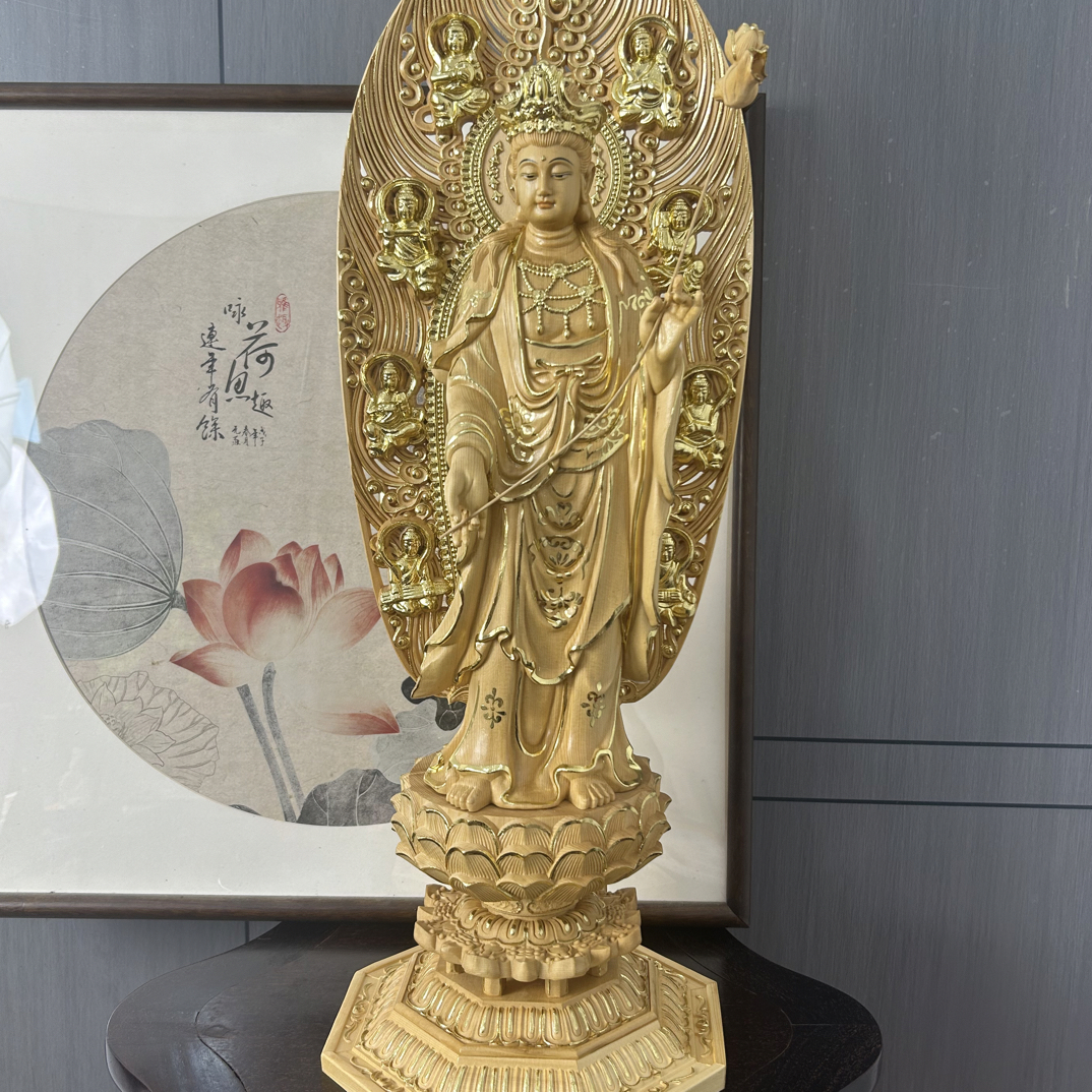 手工描金大势至观音精品木雕工艺品60公分