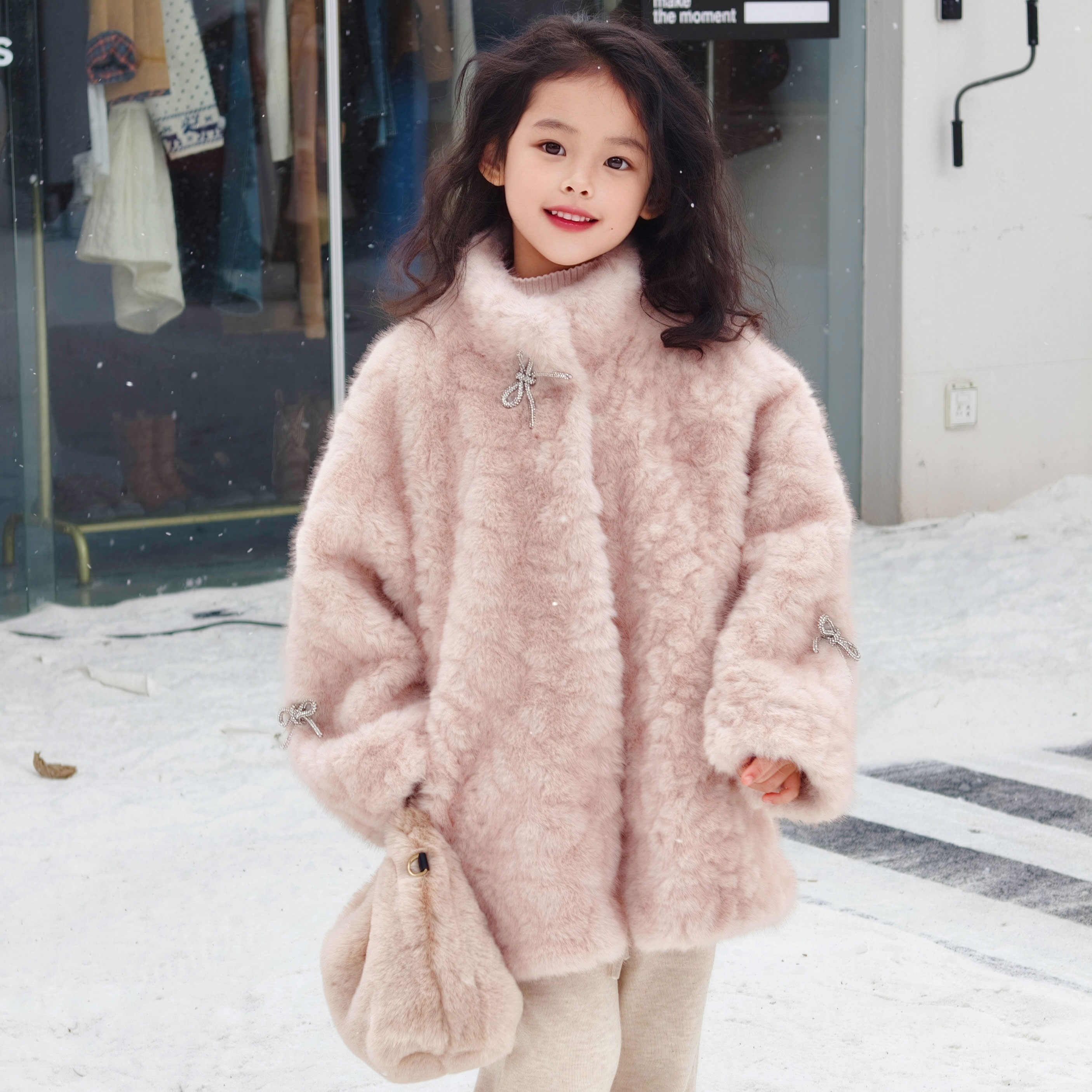 女童毛毛外套冬皮毛一体环保仿皮草小湖羊女宝棉袄环保大衣蝴蝶结