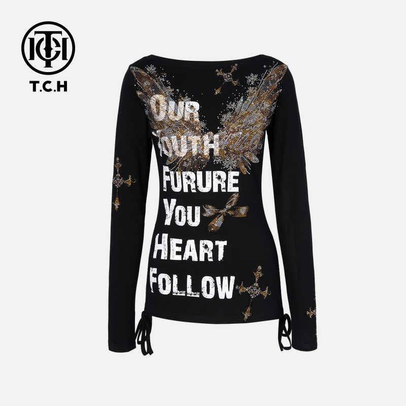 TCH私服烫钻工艺时尚设计感黑色长袖T恤女T75C08E5019轻奢tch