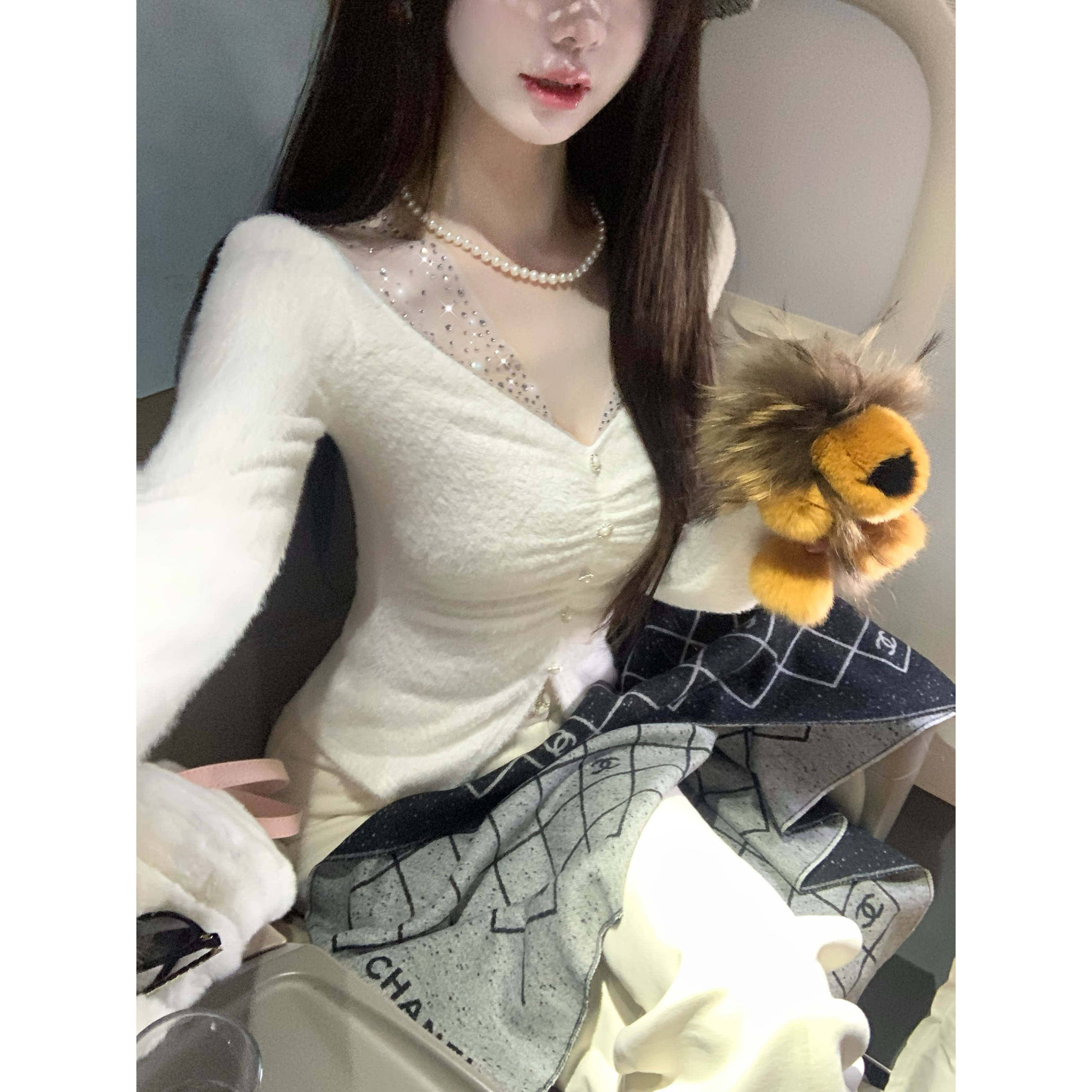 【雅乔定制】心机内搭 网纱闪钻拼接毛绒针织打底上衣DYLL-25106579